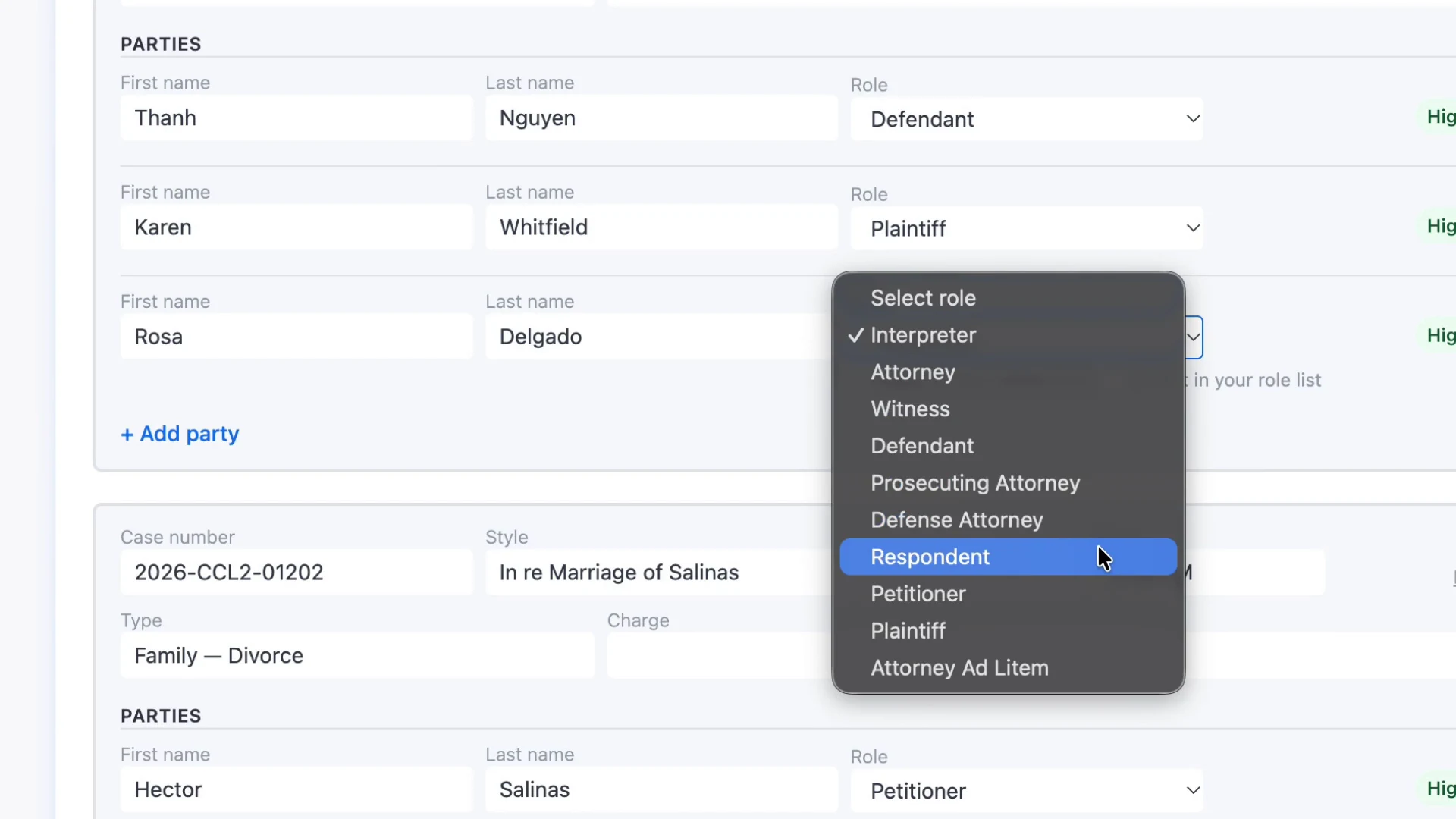 The role picker on the docket review screen, listing the court's role names
