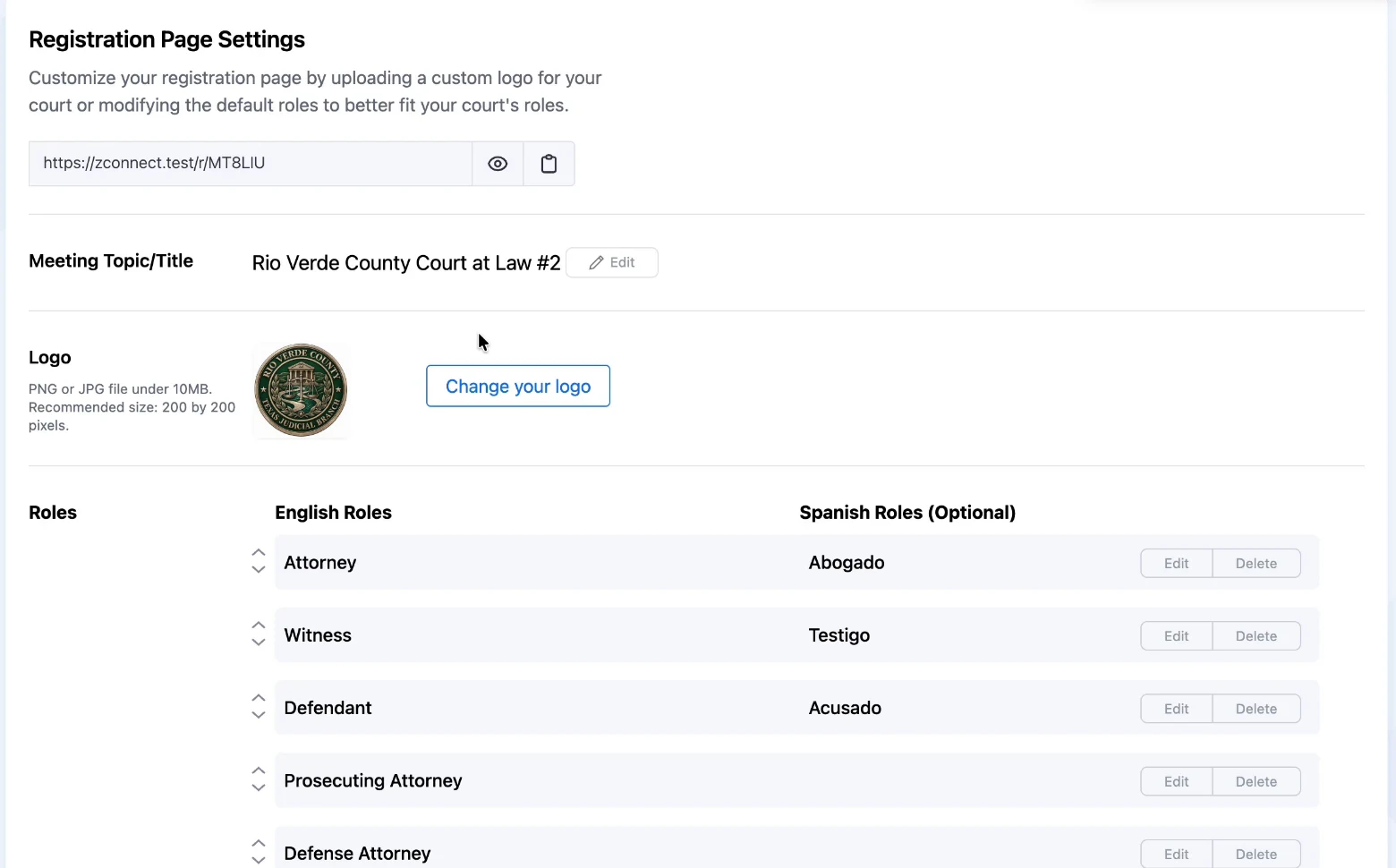 Registration page settings with a court seal and English and Spanish role names