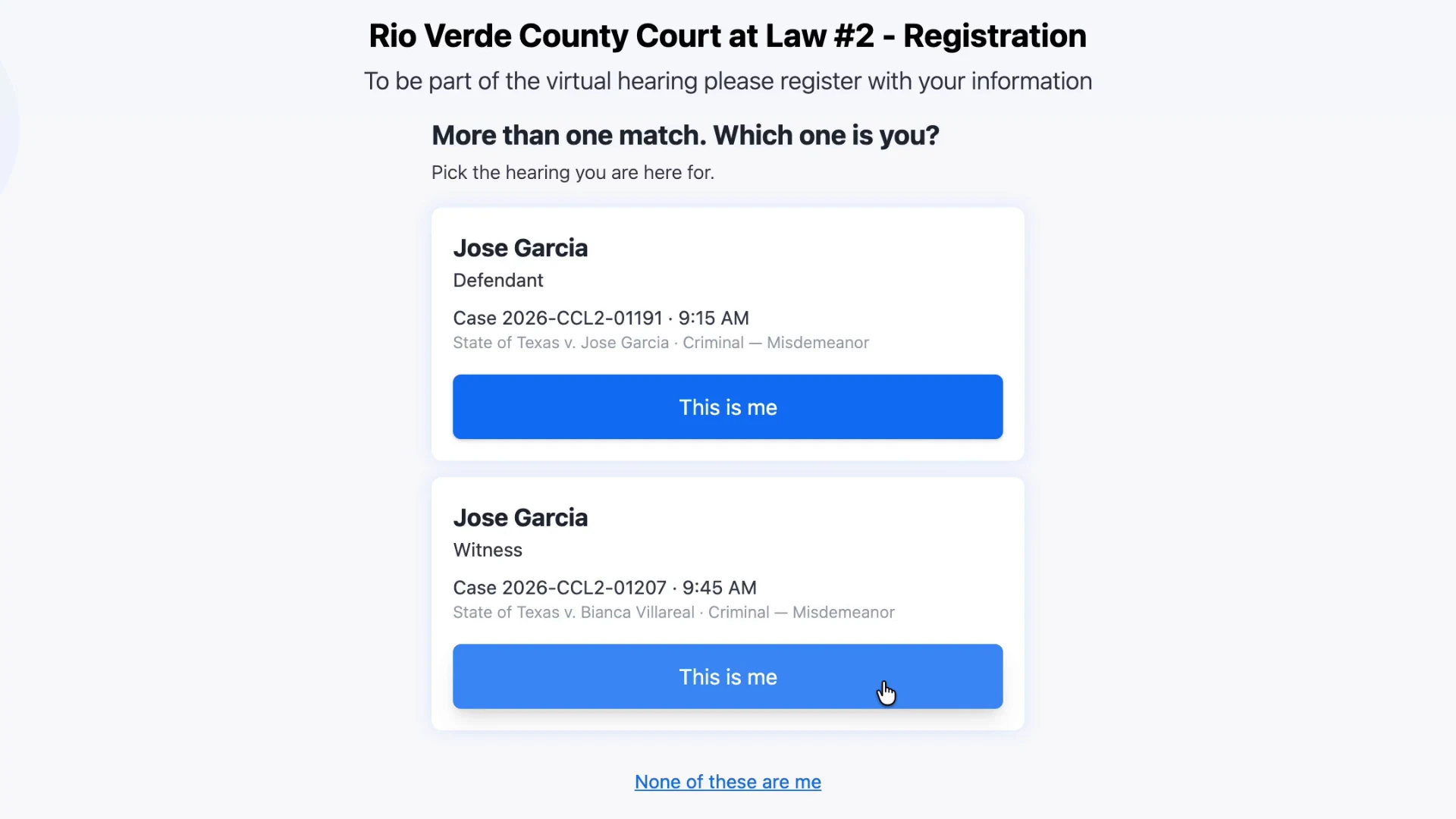 Two matches with the same name, each showing a case number and time