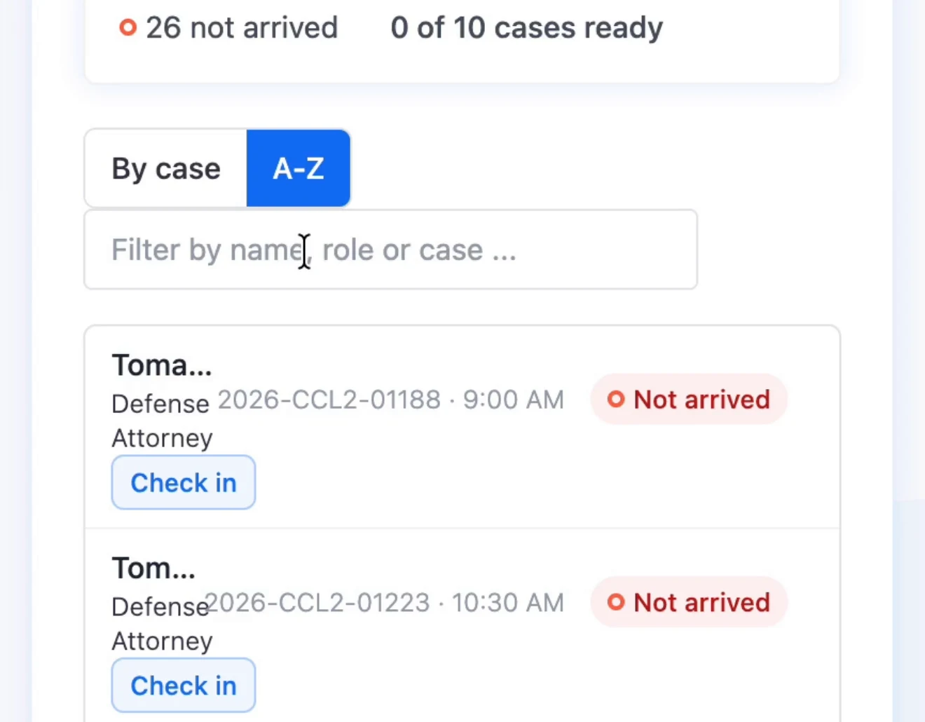 The dashboard sorted alphabetically with case numbers