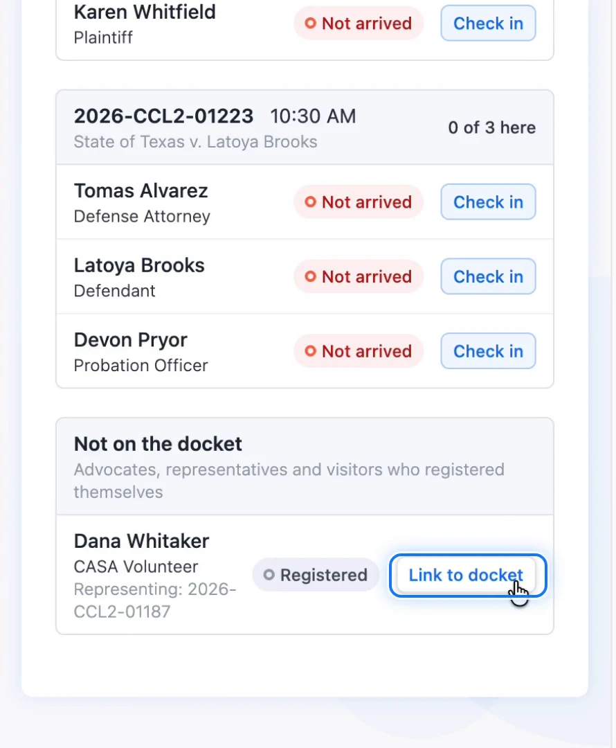 The Not on the docket section with a Link to docket button